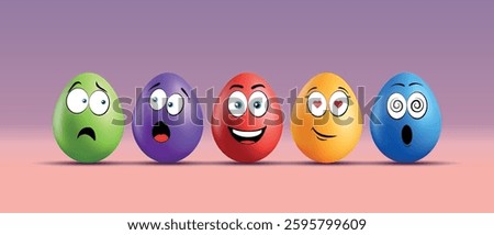 Color eggs with funny faces on gradient background. Funny, laughing, smiling, sad, frightened emotions, shocked, enamored cartoon smile. Set of eggs emoji. Happy Easter holiday illustration.