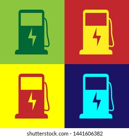Color Electric car charging station icon isolated on color backgrounds. Eco electric fuel pump sign. Vector Illustration