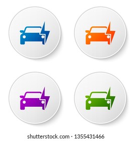 Color Electric car and electrical cable plug charging icon isolated on white background. Renewable eco technologies. Set color icon in circle buttons. Vector Illustration