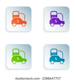 Color Electric car and electrical cable plug charging icon isolated on white background. Renewable eco technologies. Set colorful icons in square buttons. Vector