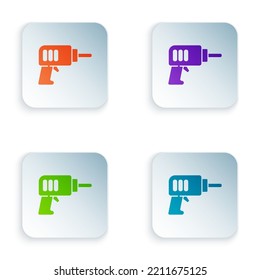 Color Electric drill machine icon isolated on white background. Repair tool. Set colorful icons in square buttons. Vector