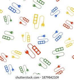 Color Electric extension cord icon isolated seamless pattern on white background. Power plug socket. Vector.