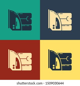 Color Electric iron and towel icon isolated on color background. Steam iron. Vintage style drawing. Vector Illustration