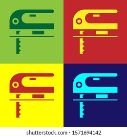 Color Electric jigsaw with steel sharp blade icon isolated on color background. Power tool for woodwork.  Vector Illustration