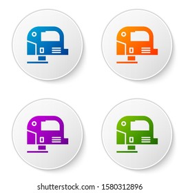 Color Electric jigsaw with steel sharp blade icon isolated on white background. Power tool for woodwork. Set icons in circle buttons. Vector Illustration