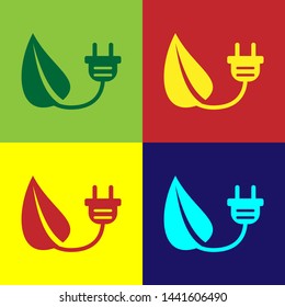 Color Electric saving plug in leaf icon isolated on color backgrounds. Save energy electricity icon. Environmental protection icon. Bio energy. Vector Illustration