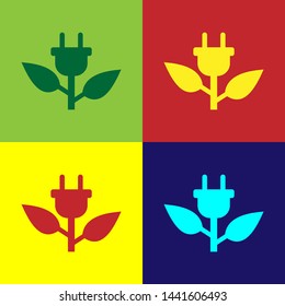 Color Electric saving plug in leaf icon isolated on color backgrounds. Save energy electricity icon. Environmental protection icon. Bio energy. Vector Illustration