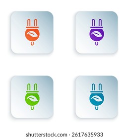 Color Electric saving plug in leaf icon isolated on white background. Save energy electricity. Environmental protection. Bio energy. Set colorful icons in square buttons. Vector