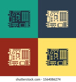 Color Electronic computer components motherboard digital chip integrated science icon isolated on color background. Circuit board. Vintage style drawing. Vector Illustration