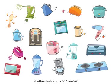 Color electronic products. Isolated drawing household products. Doodle Home appliance