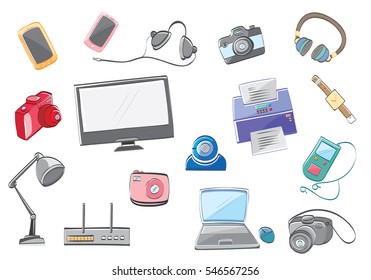 Color electronic products. Isolated drawing household products. Doodle Home appliance