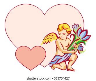 Color elegant frame in shape of  heart with outline angel with flowers