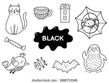 Color the elements in black. Coloring page for kids. Educational material for school and preschool. Vector illustration 