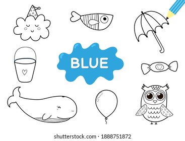 Color the elements in blue. Coloring page for kids. Educational material for school and preschool. Vector illustration