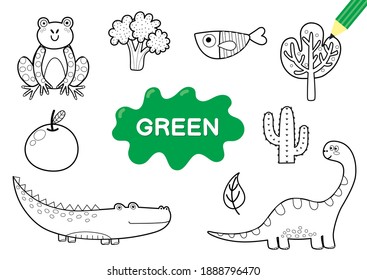 Color the elements in green. Coloring page for kids. Educational material for school and preschool. Vector illustration 