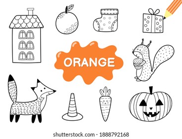 Color the elements in orange. Coloring page for kids. Educational material for school and preschool. Vector illustration 