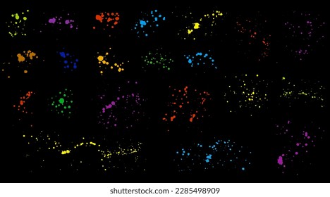 color elements of paint ink splatter on black background, set. Vector illustration
