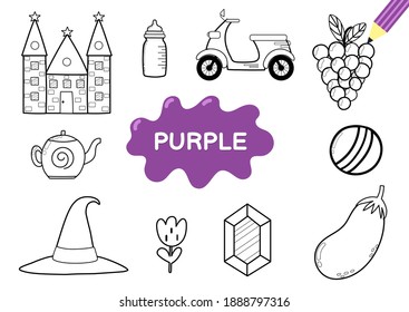 Color the elements in purple. Coloring page for kids. Educational material for school and preschool. Vector illustration 