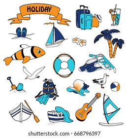 Color elements of recreation at sea. Vector illustrations, isolated on white background.