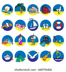 Color elements of recreation at sea. Vector illustrations, isolated on white background.