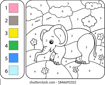 
Color The Elephant By Numbers. Cartoon Coloring Book For Kids - Education Worksheet