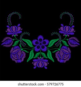 Color embroidery with violet flower, roses. Necklace for fabric, textile floral print. Fashion design for girl wear decoration. Tradition ornamental pattern. Vector illustration.