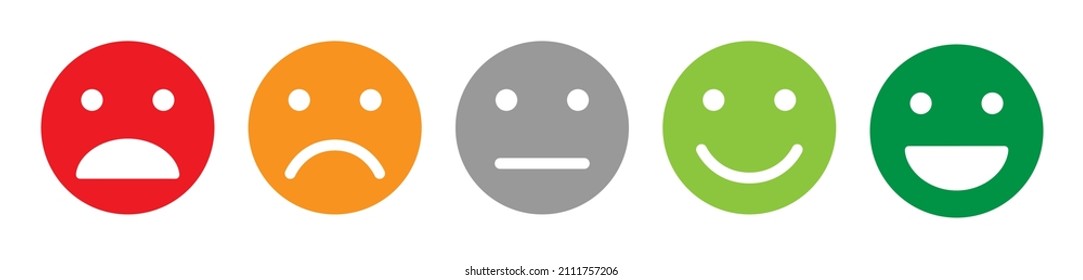 Color emotion faces, satisfaction level. Range to assess the emotions of your content. Feedback in form of emotions. User experience. Customer feedback. Excellent, good, normal, bad, awful