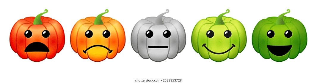 Color emotion pumpkin faces satisfaction level. Vector 3d cartoon emoji pumpkin face, feedback sentiment icons on white background