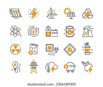 Color energy icons set. Battery and solar panel, factory. Nuclear or hydro station. Atom or molecule structure, fuel barrel. Oil and gasoline. Flat vector collection isolated on white background