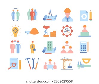 Symbol für Farbtechniker eingestellt. Sammlung von grafischen Elementen für die Website. Bauwesen und Ingenieurwesen, urbane Architektur und Fertigung. Flache Vektorgrafiken einzeln auf weißem Hintergrund