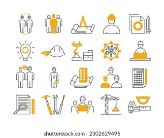 Color engineer icons set. Worker in protective helmet, drawing with tools, compasses and pencil. Building and crane with bricks, coghweel. Flat vector illustrations isolated on white background