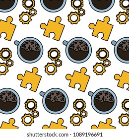 color engineering gear with puzzle and coffee cup background