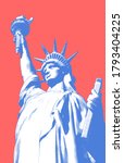 Color engraved vintage crosshatch drawing liberty lady statue from low angle worm eye view camera illustration isolated on bright red background in retro pop art style