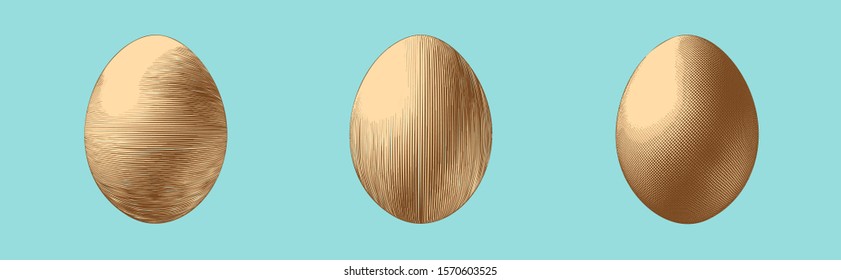 Color engraved vintage drawing of egg in three style line art style vector illustration isolated on retro blue background