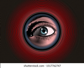 Color engraving drawing human eye hidden looking pass through peephole on the dark red background with mysterious mood