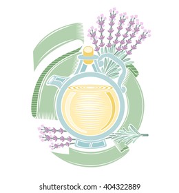 Color engraving label of cosmetics or medicine. Round bottle with lavander oil and flower and ribbon near