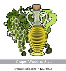 Color engraving label for food or cosmetics isolated on white. Glass bottle of grape seed oil or vinegar with berry near