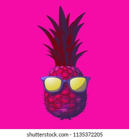 Color engraving pineapple with eyeglasses illustration isolated on bright pink background