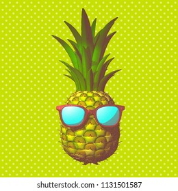 Color engraving pineapple with sunglasses illustration isolated on bright green polka dot background