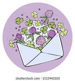 color envelope with a bouquet of clover inside