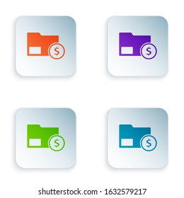 Color Envelope with coin dollar symbol icon isolated on white background. Salary increase, money payroll, compensation income. Set icons in square buttons. Vector Illustration