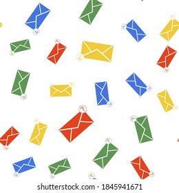 Color Envelope with question mark icon isolated seamless pattern on white background. Letter with question mark symbol. Send in request by email. Vector.