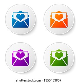 Color Envelope with Valentine heart icon isolated on white background. Letter love and romance. Set color icon in circle buttons. Vector Illustration