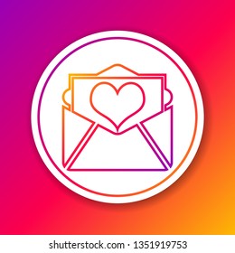 Color Envelope with Valentine heart line icon isolated on color background. Letter love and romance. Circle white button. Vector Illustration
