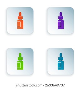 Color Essential oil bottle icon isolated on white background. Organic aromatherapy essence. Skin care serum glass drop package. Set colorful icons in square buttons. Vector