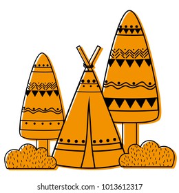 color ethnic camp with trees and bushes plant