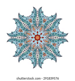 Color ethnic ornamental floral pattern. Hand drawn mandala. Orient traditional background. Lace circular ornament.  Ethnic, Indian, Islamic, Asian, ottoman, Arabic  motif. Vector illustration.