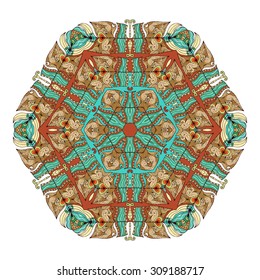 Color ethnic ornamental floral pattern. Hand drawn mandala. Orient traditional background. Lace circular ornament.  Ethnic, Indian, Islamic, Asian, ottoman, Arabic  motif. Vector illustration.