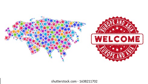 Color Europe and Asia map composition of stars, and distress round red WELCOME seal. Abstract territory plan in bright color tones. Vector Europe and Asia map is composed with bright stars.