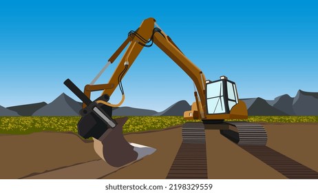 Color excavator on field with flowers and mountains behind with blue sky. Excavator bucket on ground and caterpillar tracks. Vector illustration.